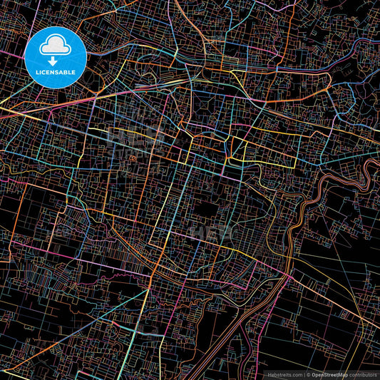 Surakarta, Central Java, Indonesia, colorful city map on black background