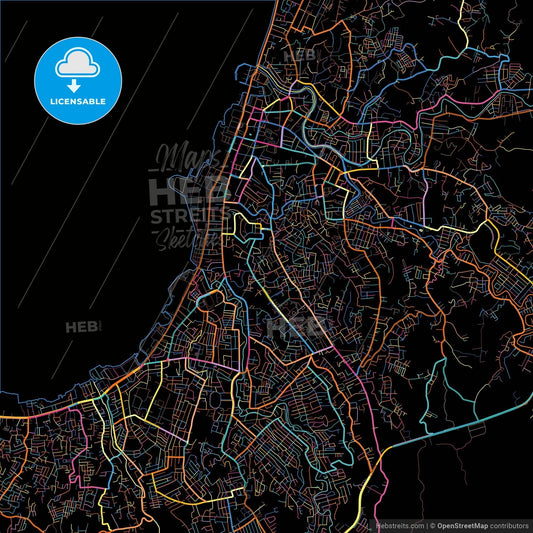 Manado, North Sulawesi, Indonesia, colorful city map on black background