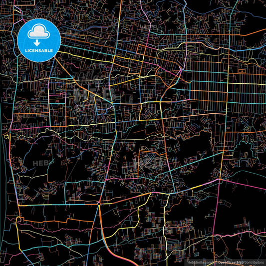 Mataram, West Nusa Tenggara, Indonesia, colorful city map on black background