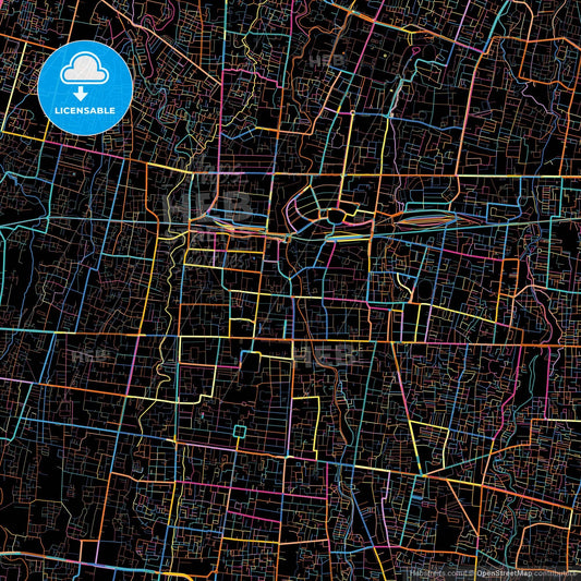 Yogyakarta, Indonesia, colorful city map on black background