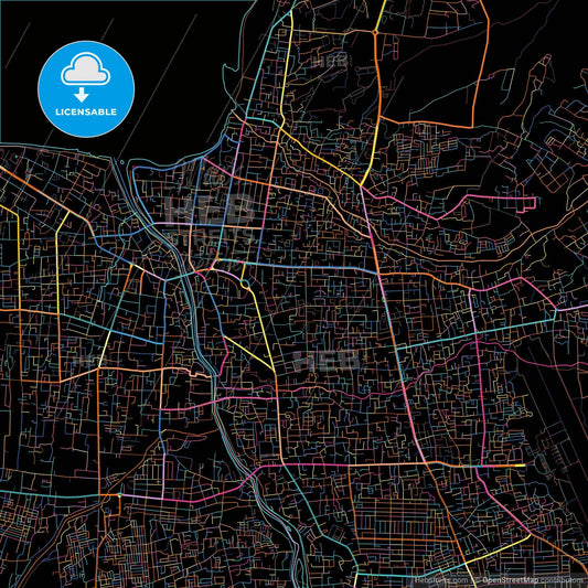 Palu, Central Sulawesi, Indonesia, colorful city map on black background