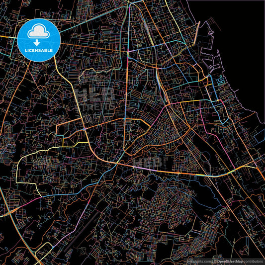 Cirebon, West Java, Indonesia, colorful city map on black background
