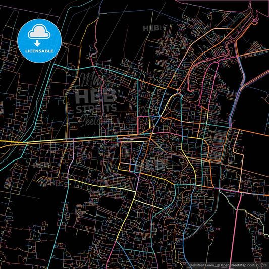 Pekalongan, Central Java, Indonesia, colorful city map on black background