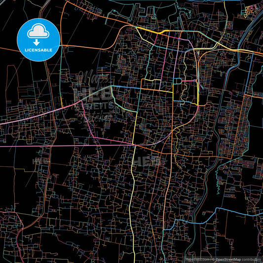 Tegal, Central Java, Indonesia, colorful city map on black background
