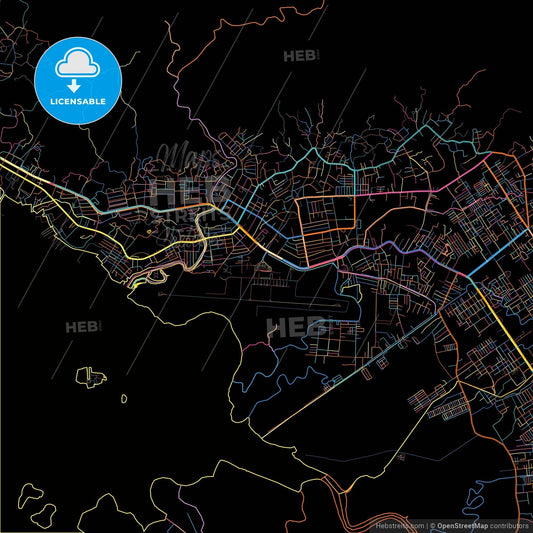 Sorong, Papua Barat, Indonesia, colorful city map on black background