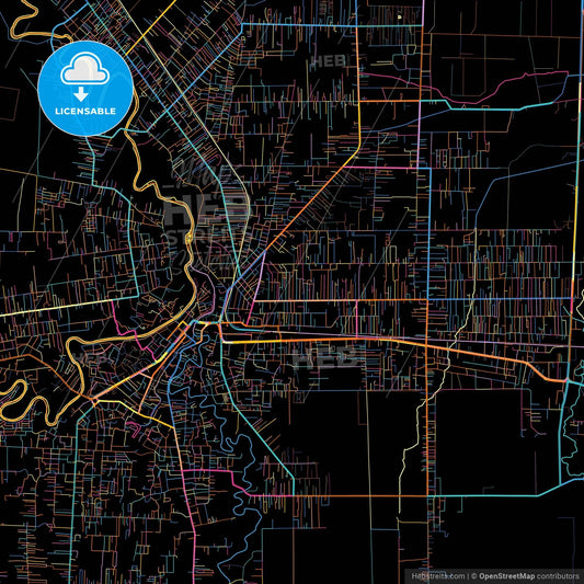 Binjai, North Sumatra, Indonesia, colorful city map on black background