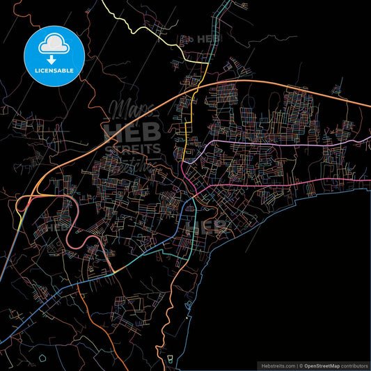 Bitung, North Sulawesi, Indonesia, colorful city map on black background