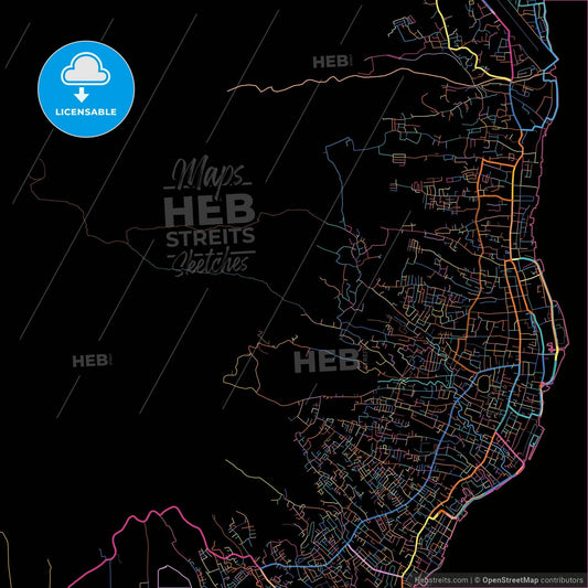 Ternate, North Maluku, Indonesia, colorful city map on black background