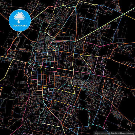 Madiun, East Java, Indonesia, colorful city map on black background