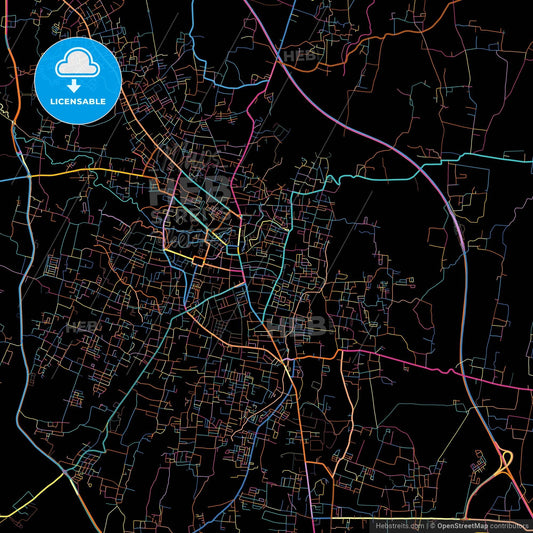 Salatiga, Central Java, Indonesia, colorful city map on black background