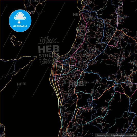 Parepare, South Sulawesi, Indonesia, colorful city map on black background