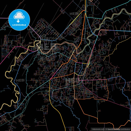Tebing Tinggi, North Sumatra, Indonesia, colorful city map on black background