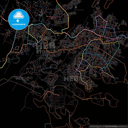 Bontang, East Kalimantan, Indonesia, colorful city map on black background