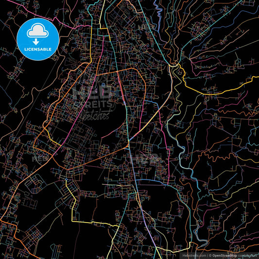 Magelang, Central Java, Indonesia, colorful city map on black background
