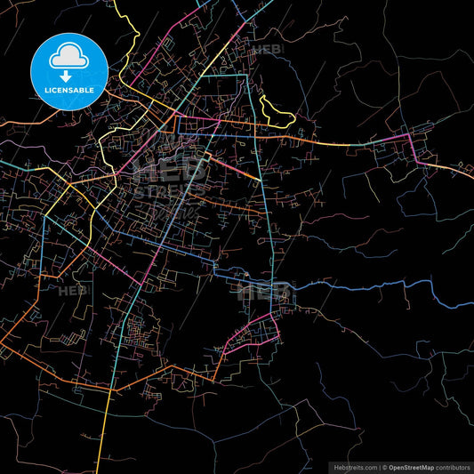 Kotamobagu, North Sulawesi, Indonesia, colorful city map on black background