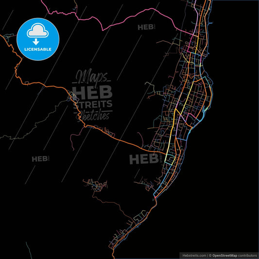 Tidore, North Maluku, Indonesia, colorful city map on black background