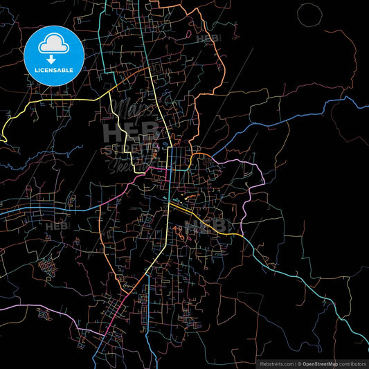 Tomohon, North Sulawesi, Indonesia, colorful city map on black background