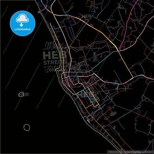 Pariaman, West Sumatra, Indonesia, colorful city map on black background