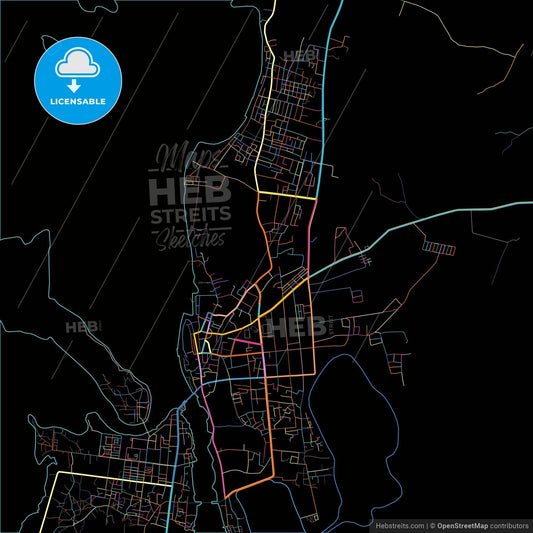 Tual, Maluku, Indonesia, colorful city map on black background