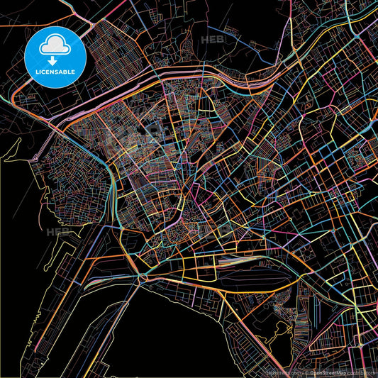 Karachi, Sindh, Pakistan, colorful city map on black background