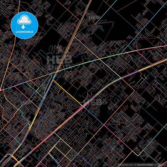 Faisalabad, Punjab, Pakistan, colorful city map on black background