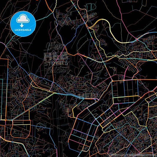 Peshawar, Khyber Pakhtunkhwa, Pakistan, colorful city map on black background