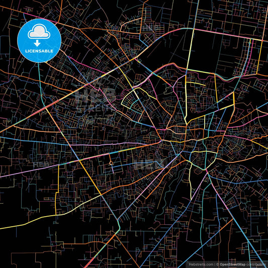 Sialkot, Punjab, Pakistan, colorful city map on black background