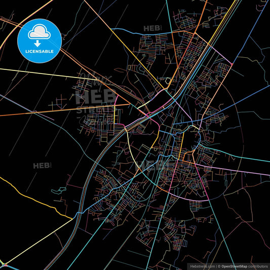 Larkana, Sindh, Pakistan, colorful city map on black background