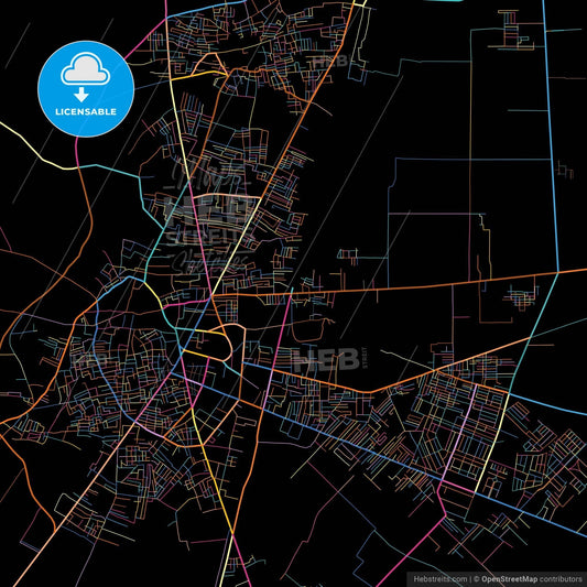 Jhang, Punjab, Pakistan, colorful city map on black background