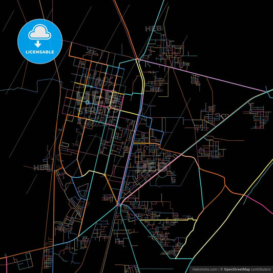 Dera Ghazi Khan, Punjab, Pakistan, colorful city map on black background