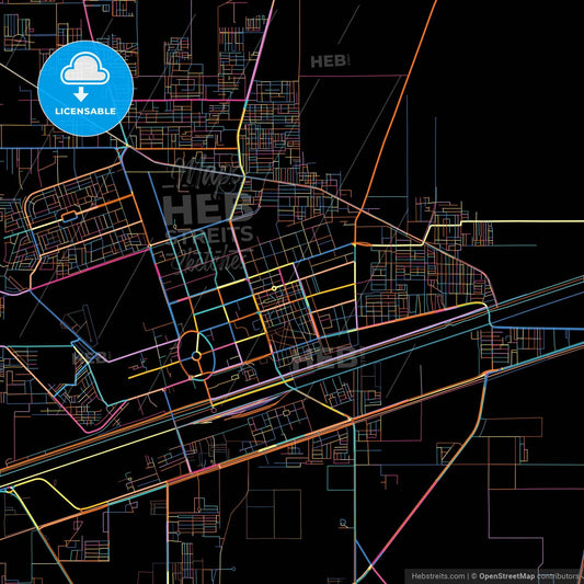 Sahiwal, Punjab, Pakistan, colorful city map on black background