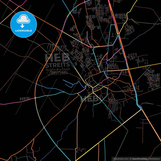 Kasur, Punjab, Pakistan, colorful city map on black background