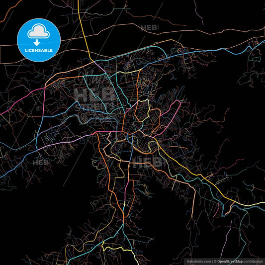 Mingora, Khyber Pakhtunkhwa, Pakistan, colorful city map on black background