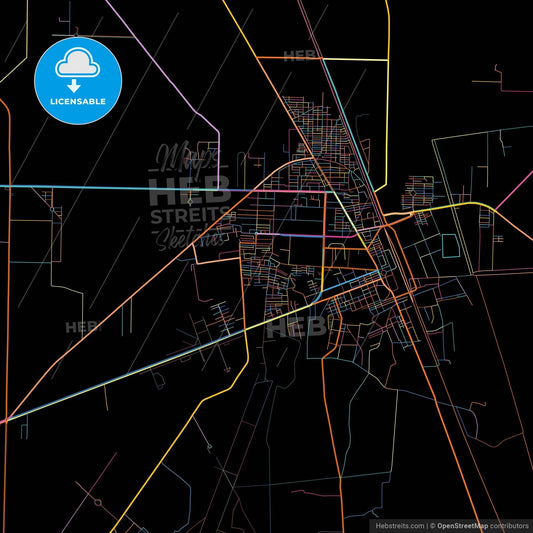 Nawabshah, Sindh, Pakistan, colorful city map on black background