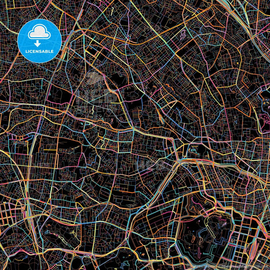 Tokyo, Japan, colorful city map on black background