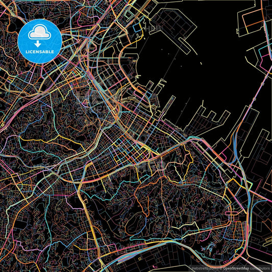 Yokohama, Kanagawa, Japan, colorful city map on black background