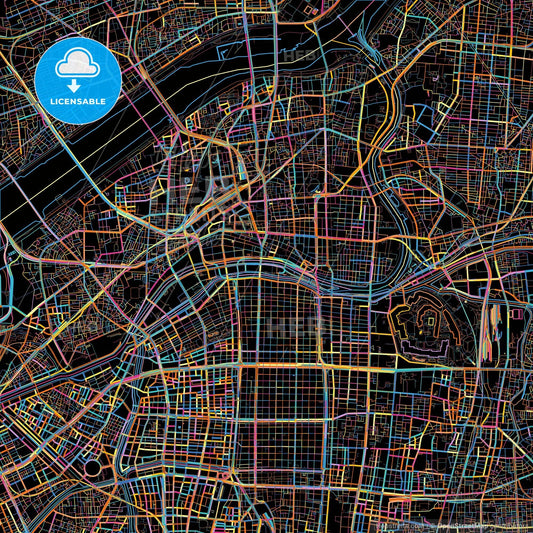 Osaka, Osaka, Japan, colorful city map on black background