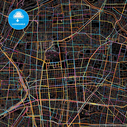 Nagoya, Aichi, Japan, colorful city map on black background