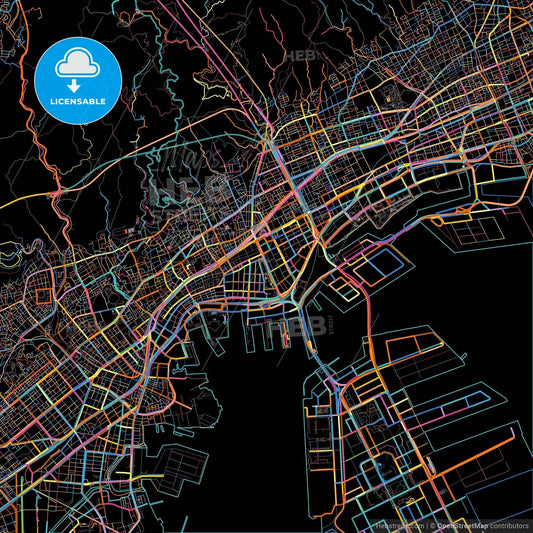 Kobe, Hyōgo, Japan, colorful city map on black background