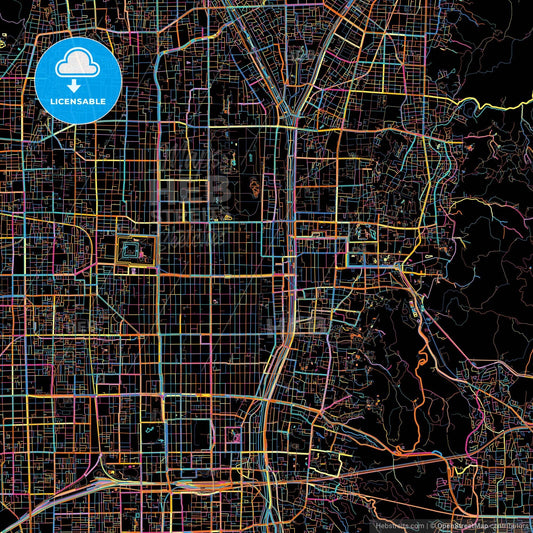Kyoto, Kyoto, Japan, colorful city map on black background