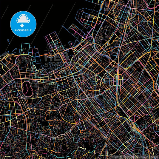 Fukuoka, Fukuoka, Japan, colorful city map on black background