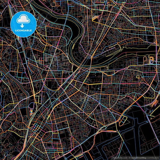 Kawasaki, Kanagawa, Japan, colorful city map on black background