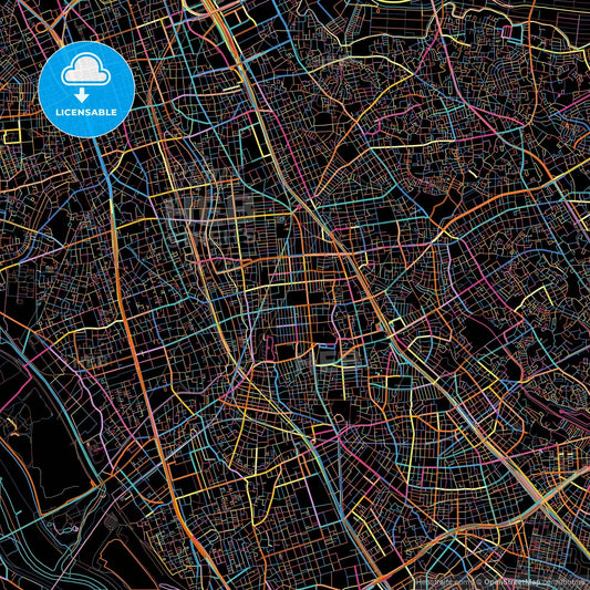 Saitama, Saitama, Japan, colorful city map on black background