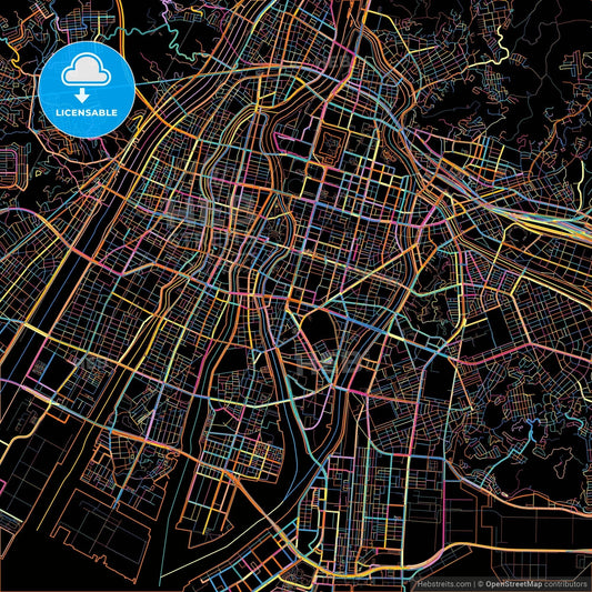 Hiroshima, Hiroshima, Japan, colorful city map on black background