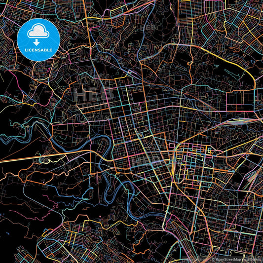 Sendai, Miyagi, Japan, colorful city map on black background