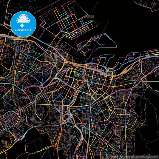 Kitakyushu, Fukuoka, Japan, colorful city map on black background