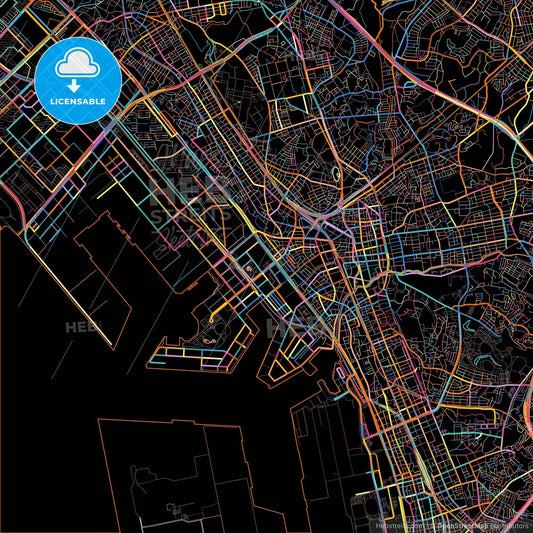 Chiba, Chiba, Japan, colorful city map on black background