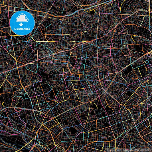 Setagaya, Tokyo, Japan, colorful city map on black background