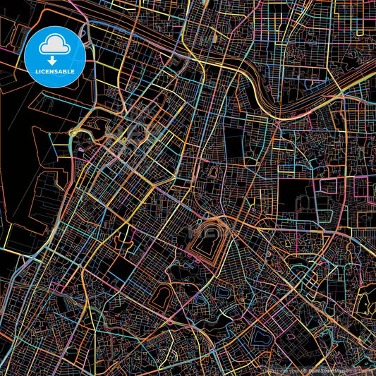 Sakai, Osaka, Japan, colorful city map on black background