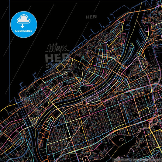 Niigata, Niigata, Japan, colorful city map on black background